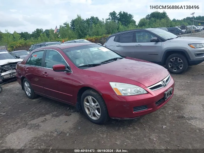 2006 Honda Accord 2.4 Ex VIN: 1HGCM56886A138496 Lot: 40151473