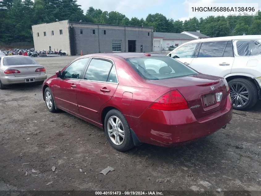 2006 Honda Accord 2.4 Ex VIN: 1HGCM56886A138496 Lot: 40151473