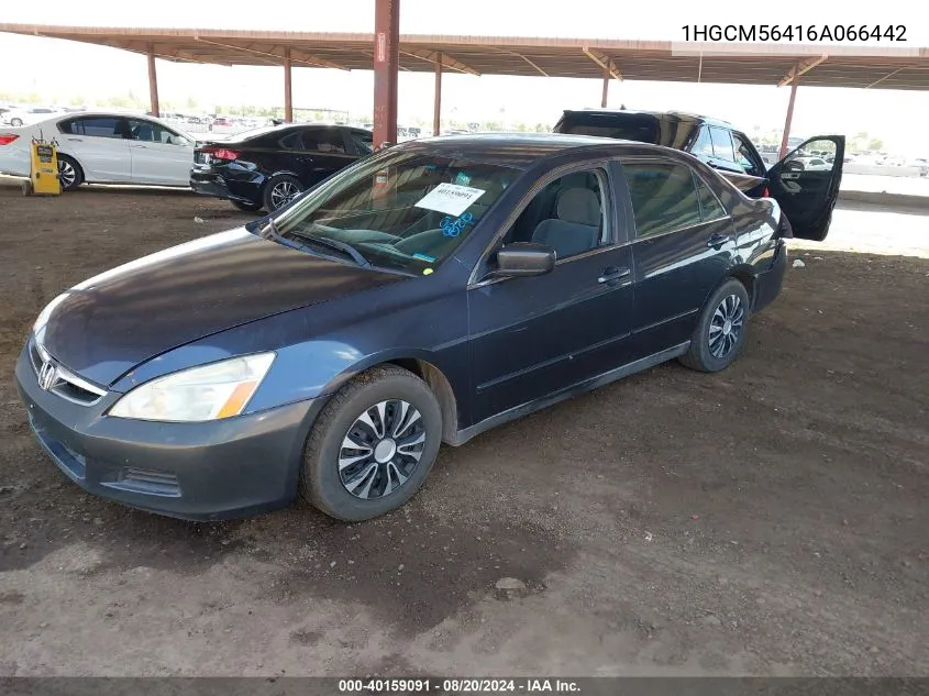 2006 Honda Accord 2.4 Lx VIN: 1HGCM56416A066442 Lot: 40159091