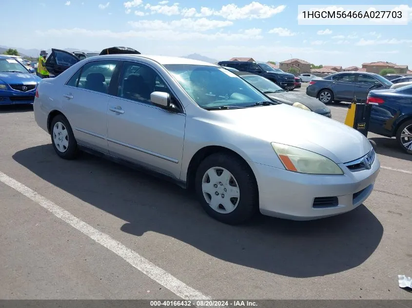 2006 Honda Accord 2.4 Lx VIN: 1HGCM56466A027703 Lot: 40166432