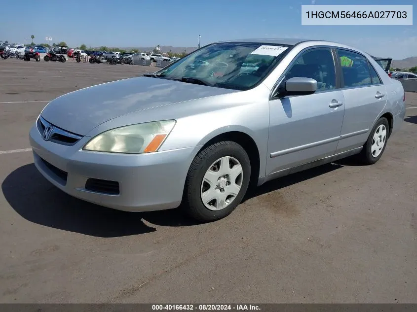 2006 Honda Accord 2.4 Lx VIN: 1HGCM56466A027703 Lot: 40166432