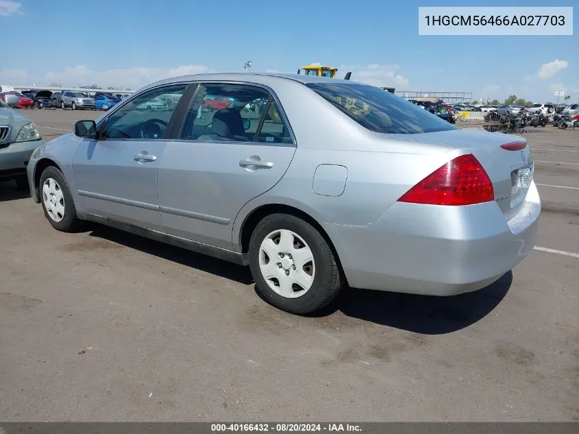 2006 Honda Accord 2.4 Lx VIN: 1HGCM56466A027703 Lot: 40166432