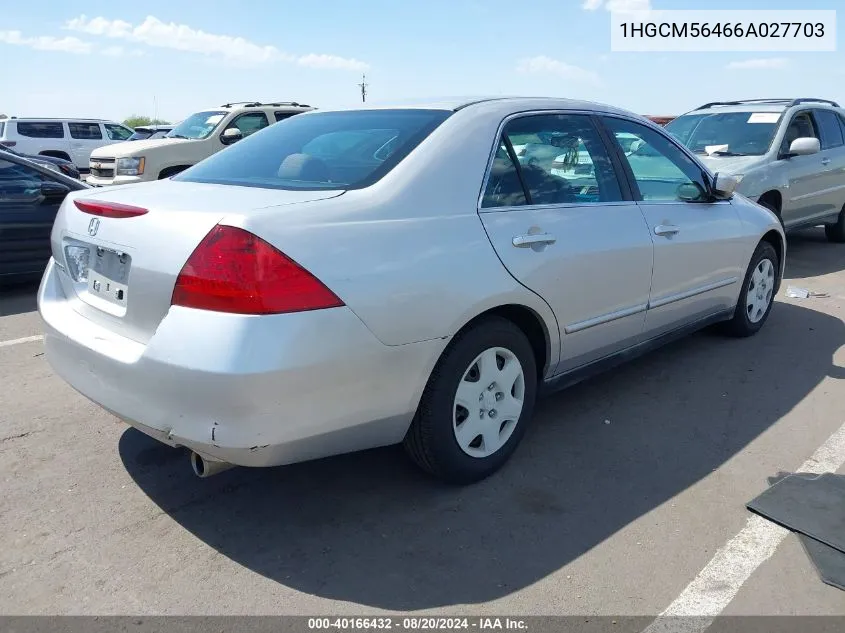 2006 Honda Accord 2.4 Lx VIN: 1HGCM56466A027703 Lot: 40166432