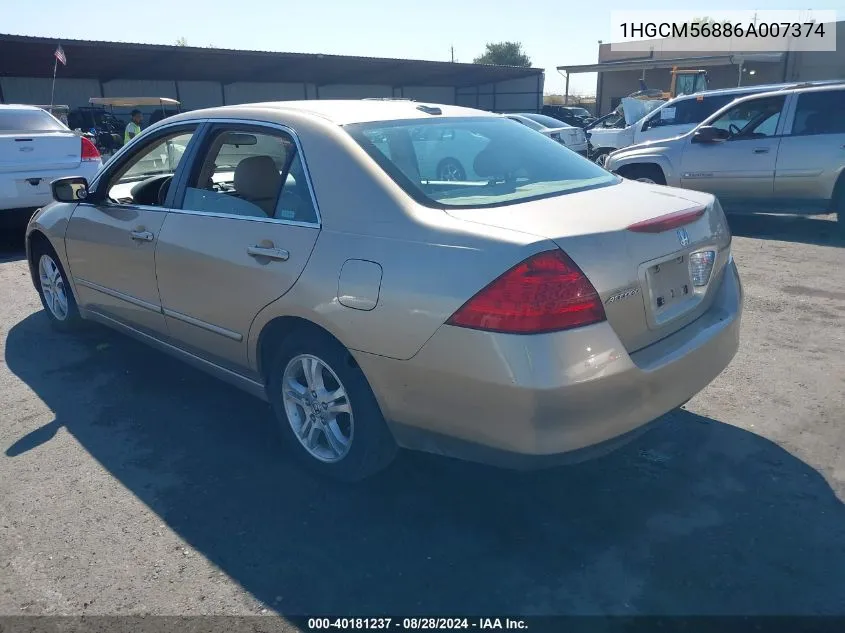 2006 Honda Accord 2.4 Ex VIN: 1HGCM56886A007374 Lot: 40181237