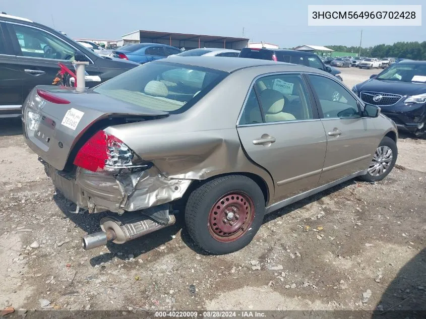 2006 Honda Accord 2.4 Lx VIN: 3HGCM56496G702428 Lot: 40220009