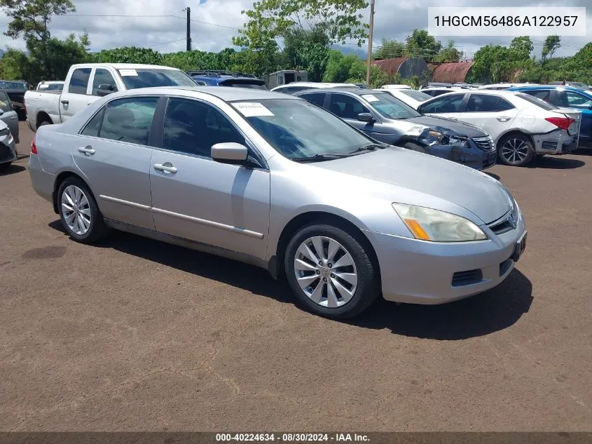 2006 Honda Accord 2.4 Lx VIN: 1HGCM56486A122957 Lot: 40224634