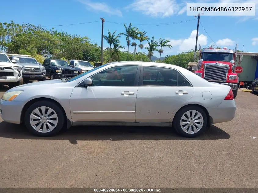 2006 Honda Accord 2.4 Lx VIN: 1HGCM56486A122957 Lot: 40224634