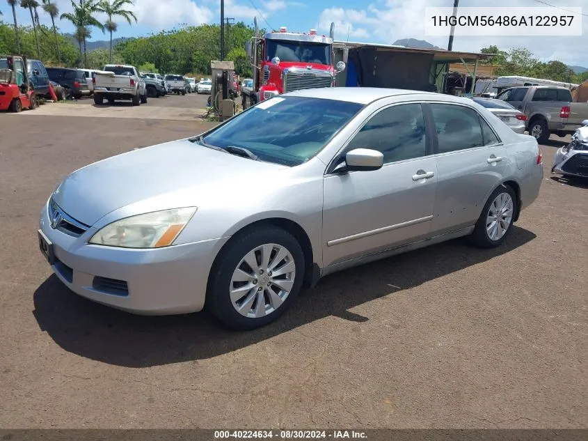 2006 Honda Accord 2.4 Lx VIN: 1HGCM56486A122957 Lot: 40224634