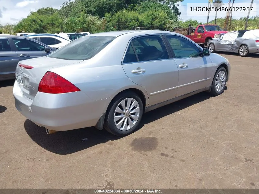 2006 Honda Accord 2.4 Lx VIN: 1HGCM56486A122957 Lot: 40224634