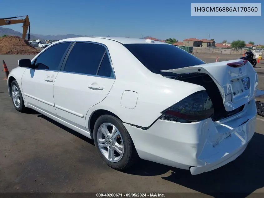 2006 Honda Accord 2.4 Ex VIN: 1HGCM56886A170560 Lot: 40260671