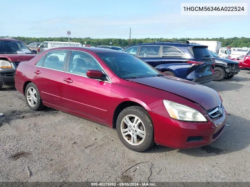 2006 Honda Accord Se VIN: 1HGCM56346A022524 Lot: 40275082