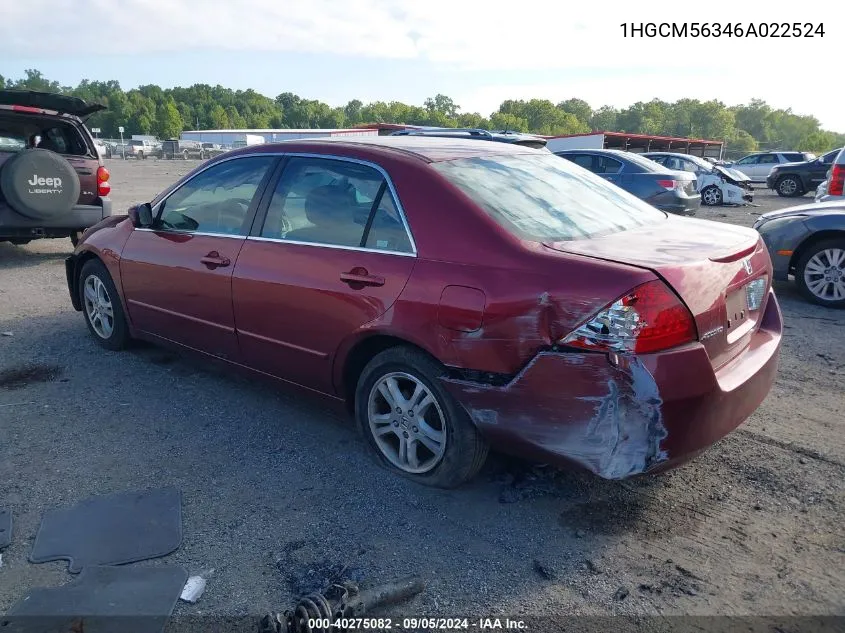 2006 Honda Accord Se VIN: 1HGCM56346A022524 Lot: 40275082