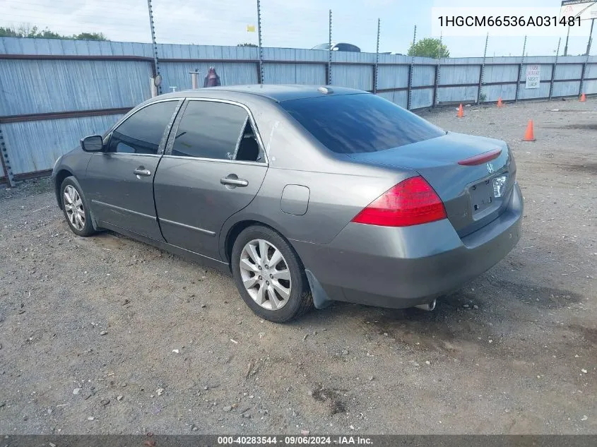 2006 Honda Accord 3.0 Ex VIN: 1HGCM66536A031481 Lot: 40283544