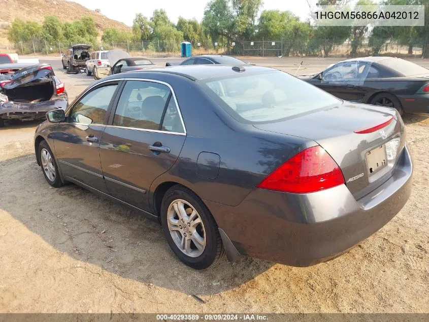 2006 Honda Accord 2.4 Ex VIN: 1HGCM56866A042012 Lot: 40293589