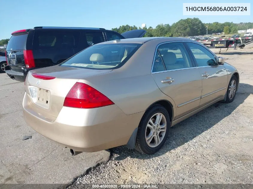 2006 Honda Accord 2.4 Ex VIN: 1HGCM56806A003724 Lot: 40303920