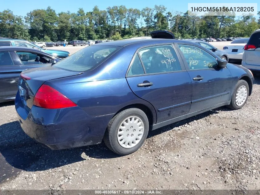 2006 Honda Accord 2.4 Vp VIN: 1HGCM56156A128205 Lot: 40305617