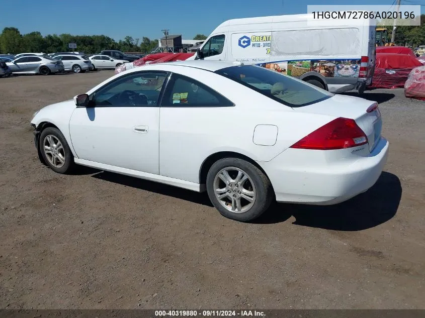 2006 Honda Accord 2.4 Ex VIN: 1HGCM72786A020196 Lot: 40319880