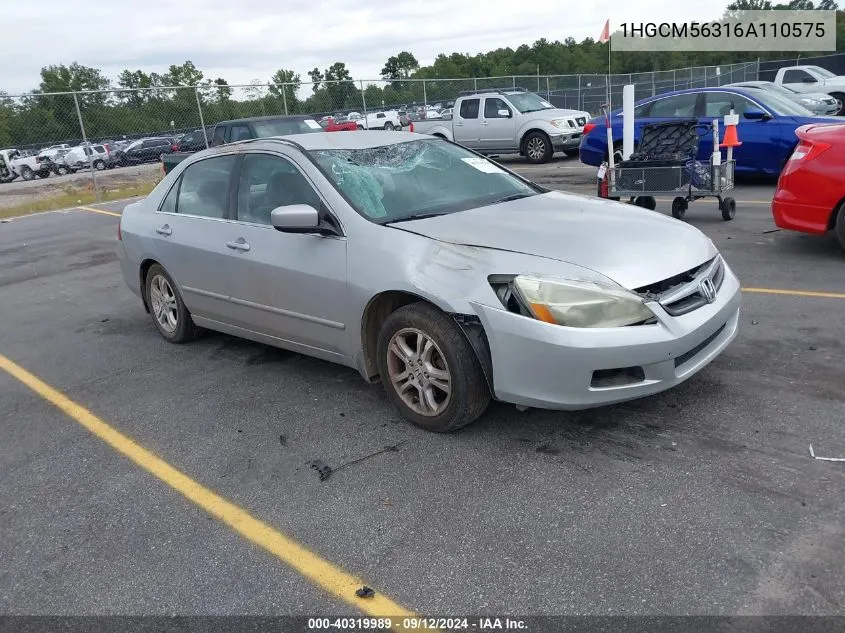 2006 Honda Accord Sdn Lx Se VIN: 1HGCM56316A110575 Lot: 40319989