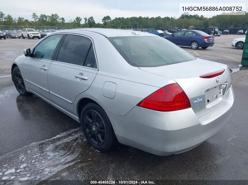 2006 Honda Accord 2.4 Ex VIN: 1HGCM56886A008752 Lot: 40405224