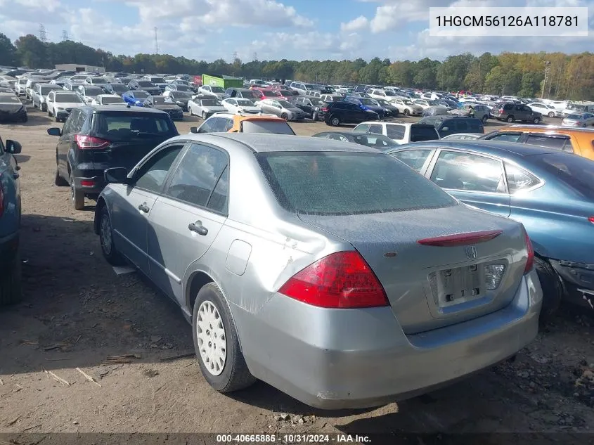 2006 Honda Accord 2.4 Vp VIN: 1HGCM56126A118781 Lot: 40665885