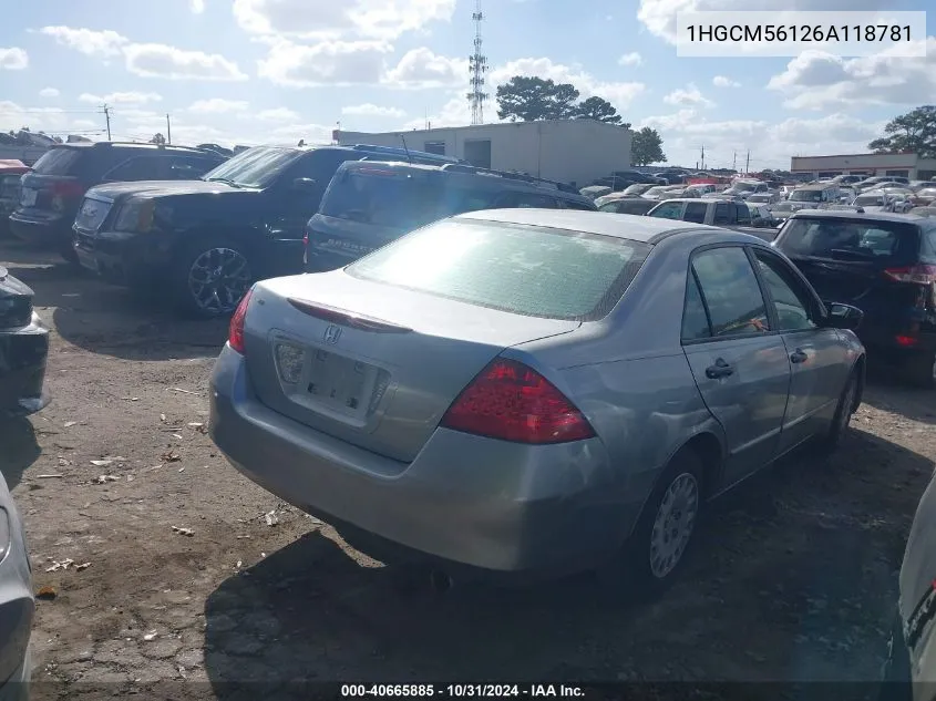 2006 Honda Accord 2.4 Vp VIN: 1HGCM56126A118781 Lot: 40665885