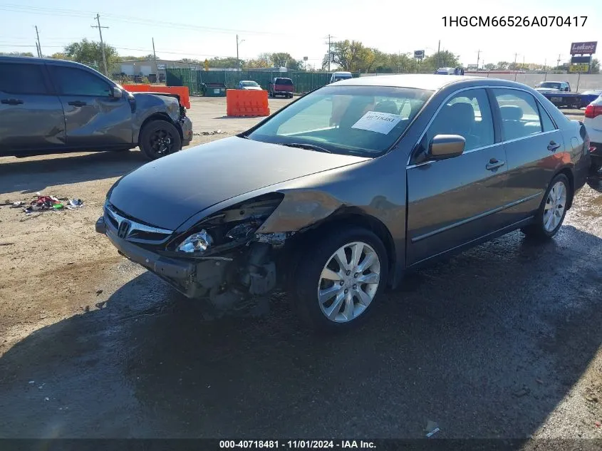 2006 Honda Accord 3.0 Ex VIN: 1HGCM66526A070417 Lot: 40718481