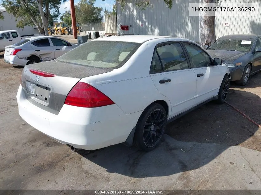 2006 Honda Accord 2.4 Vp VIN: 1HGCM56176A136290 Lot: 40728163