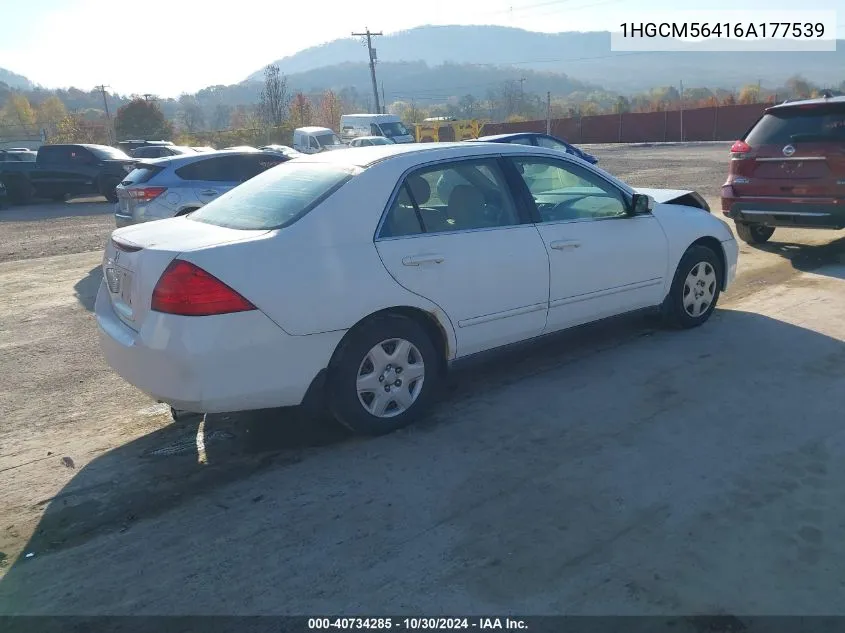 2006 Honda Accord 2.4 Lx VIN: 1HGCM56416A177539 Lot: 40734285