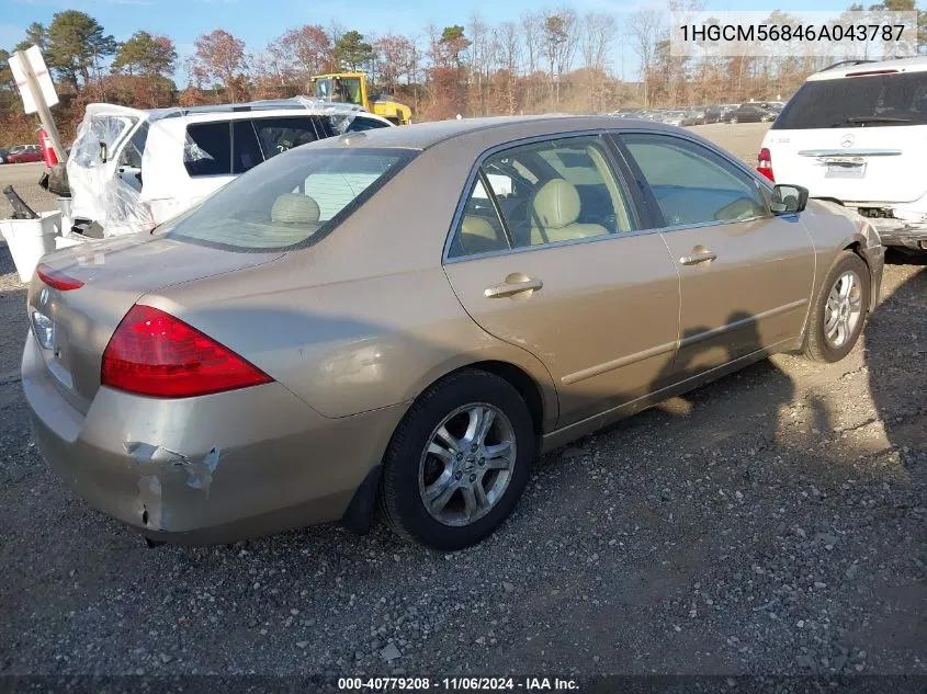 2006 Honda Accord 2.4 Ex VIN: 1HGCM56846A043787 Lot: 40779208