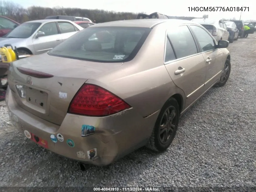 2006 Honda Accord 2.4 Ex VIN: 1HGCM56776A018471 Lot: 40843910