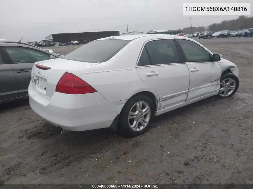 2006 Honda Accord 2.4 Ex VIN: 1HGCM568X6A140816 Lot: 40858665