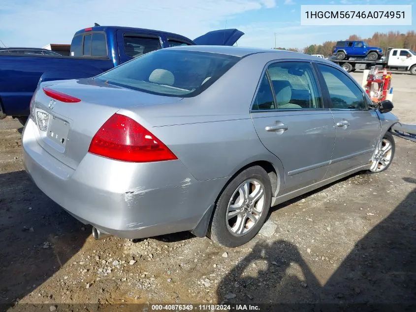 2006 Honda Accord 2.4 Ex VIN: 1HGCM56746A074951 Lot: 40876349