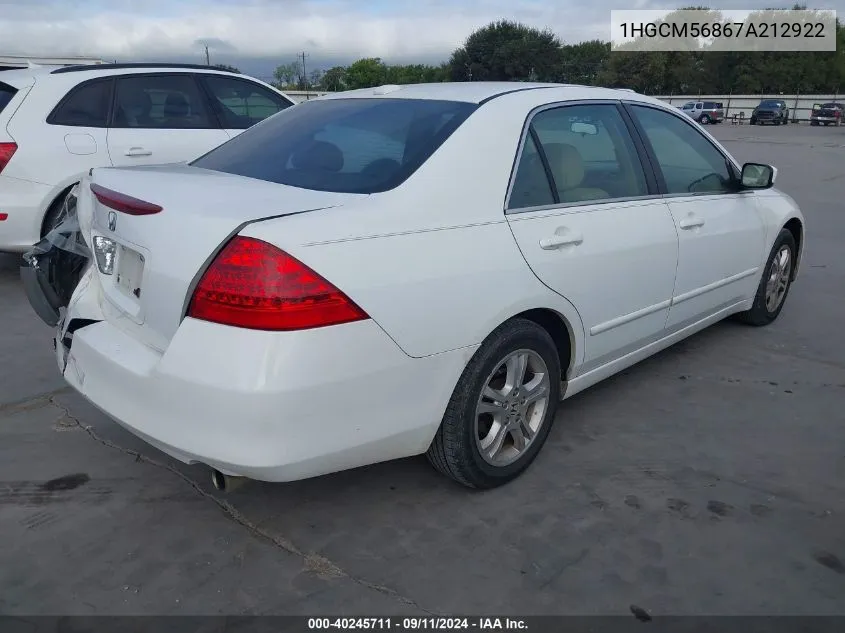 1HGCM56867A212922 2007 Honda Accord Ex