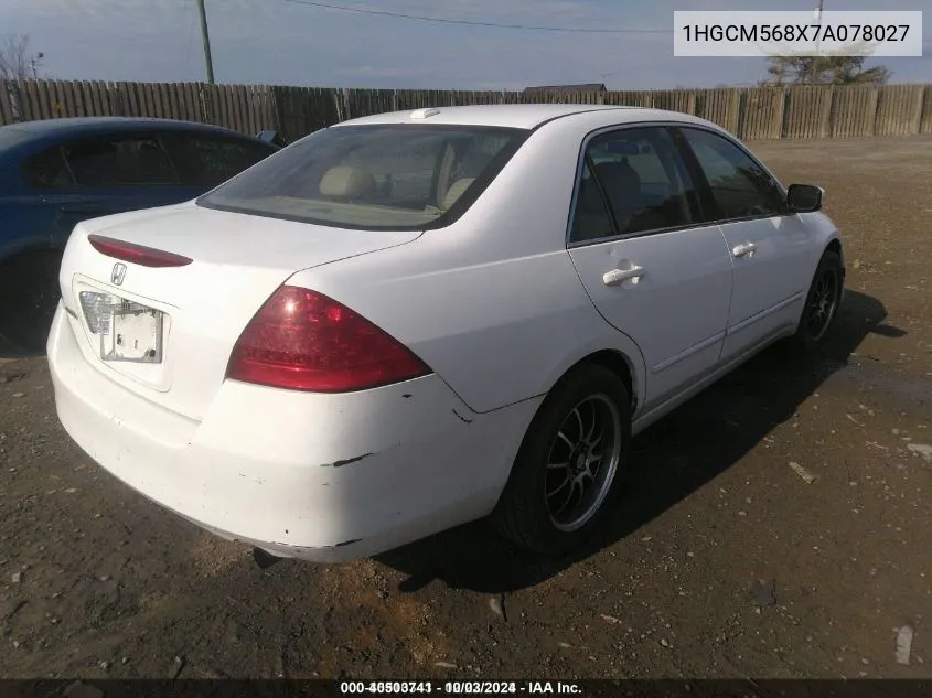 2007 Honda Accord 2.4 Ex VIN: 1HGCM568X7A078027 Lot: 40503741