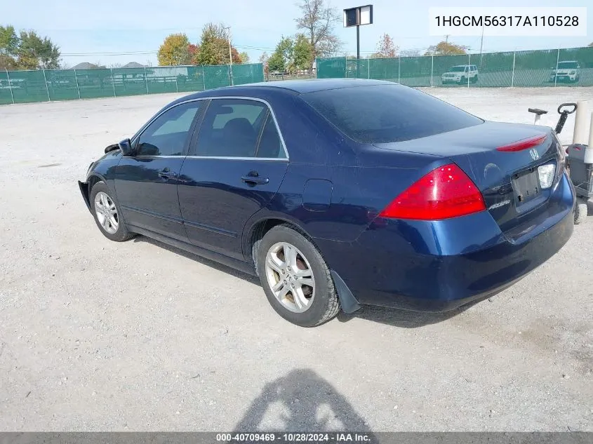 2007 Honda Accord 2.4 Se VIN: 1HGCM56317A110528 Lot: 40709469