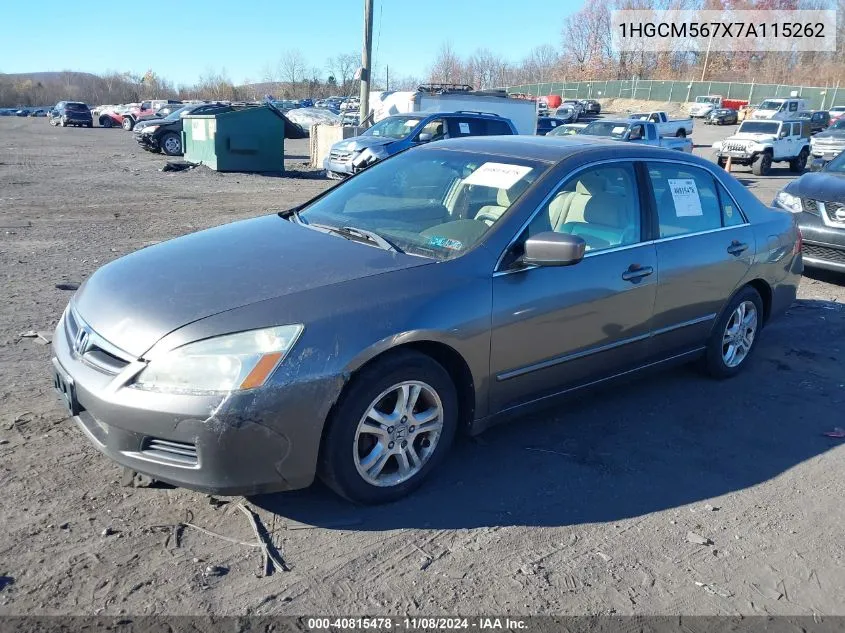 2007 Honda Accord 2.4 Ex VIN: 1HGCM567X7A115262 Lot: 40815478