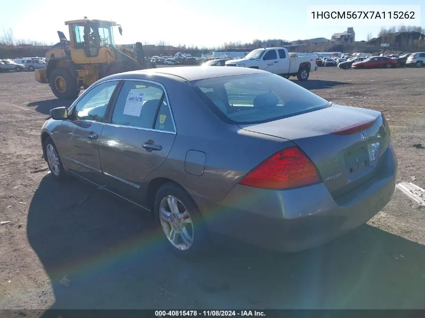 2007 Honda Accord 2.4 Ex VIN: 1HGCM567X7A115262 Lot: 40815478