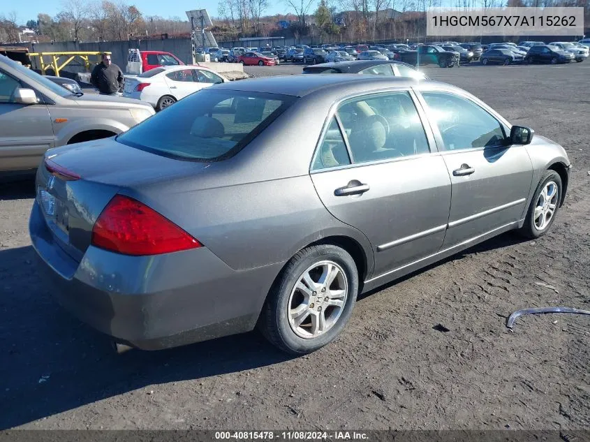 2007 Honda Accord 2.4 Ex VIN: 1HGCM567X7A115262 Lot: 40815478