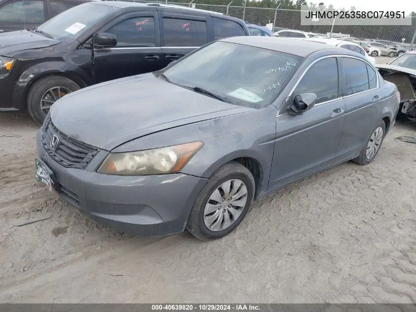 2008 Honda Accord 2.4 Lx VIN: JHMCP26358C074951 Lot: 40639820