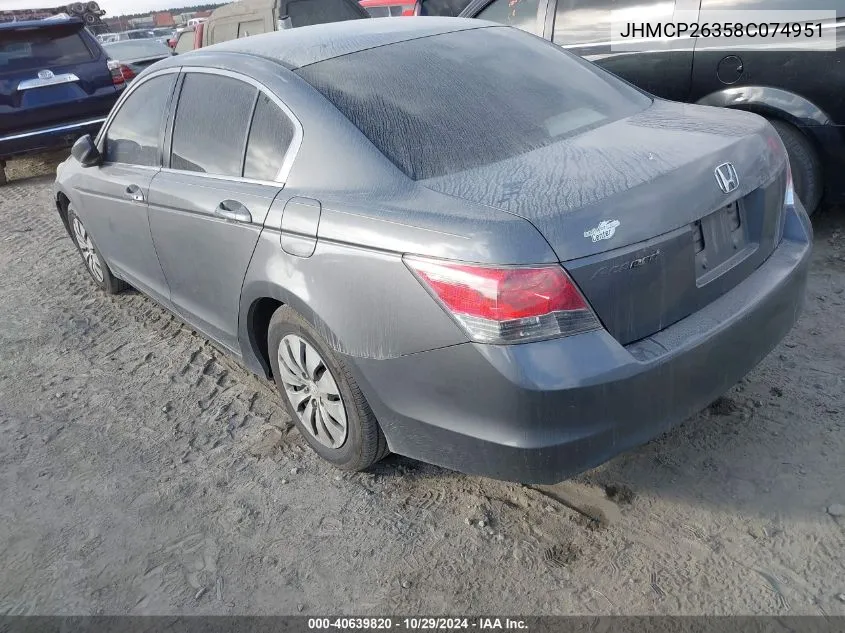 2008 Honda Accord 2.4 Lx VIN: JHMCP26358C074951 Lot: 40639820