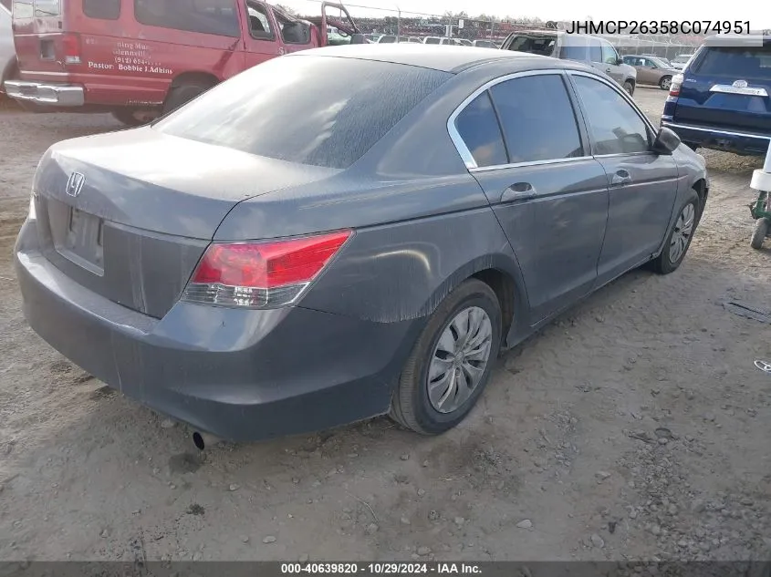 2008 Honda Accord 2.4 Lx VIN: JHMCP26358C074951 Lot: 40639820