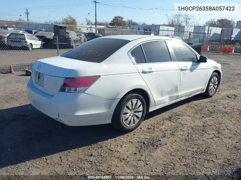 2008 Honda Accord Lx VIN: 1HGCP26358A057422 Lot: 40769957