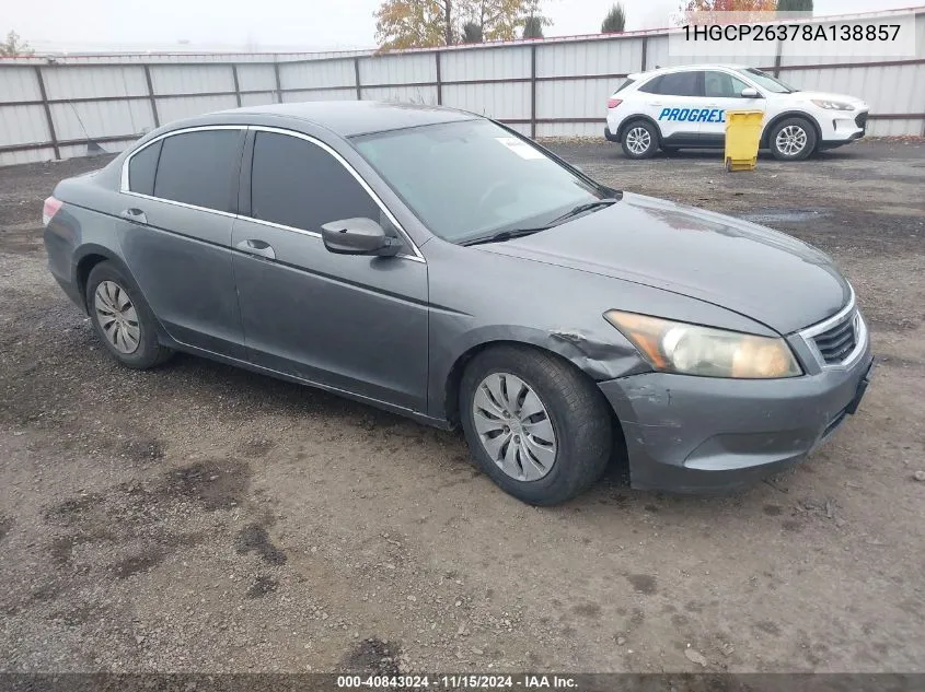 2008 Honda Accord 2.4 Lx VIN: 1HGCP26378A138857 Lot: 40843024