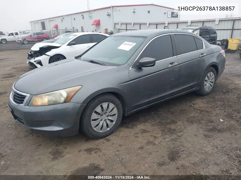 2008 Honda Accord 2.4 Lx VIN: 1HGCP26378A138857 Lot: 40843024