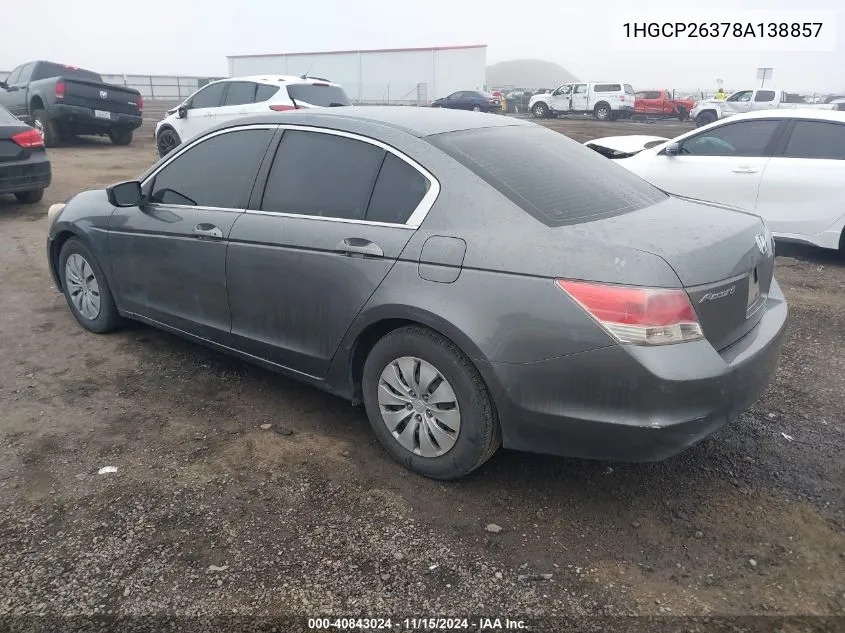 2008 Honda Accord 2.4 Lx VIN: 1HGCP26378A138857 Lot: 40843024