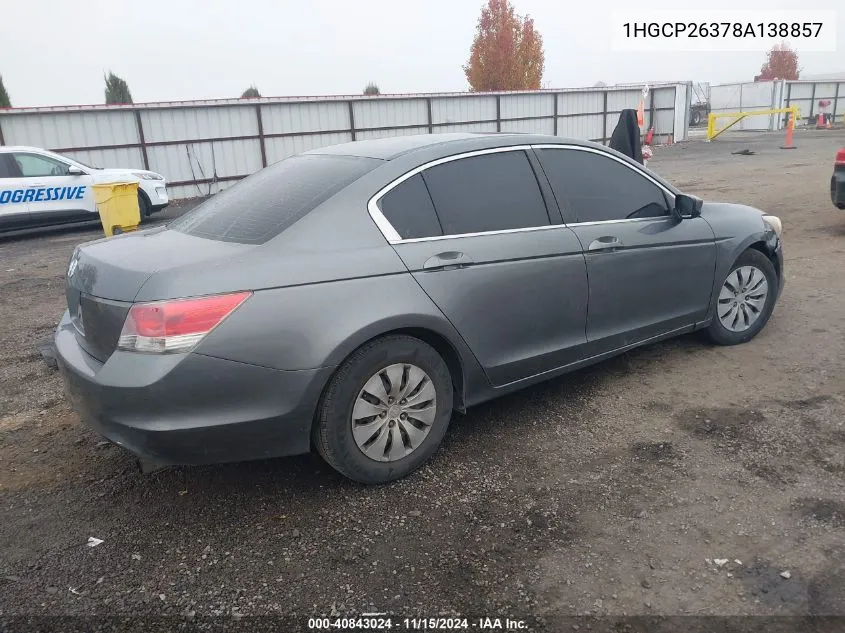 2008 Honda Accord 2.4 Lx VIN: 1HGCP26378A138857 Lot: 40843024