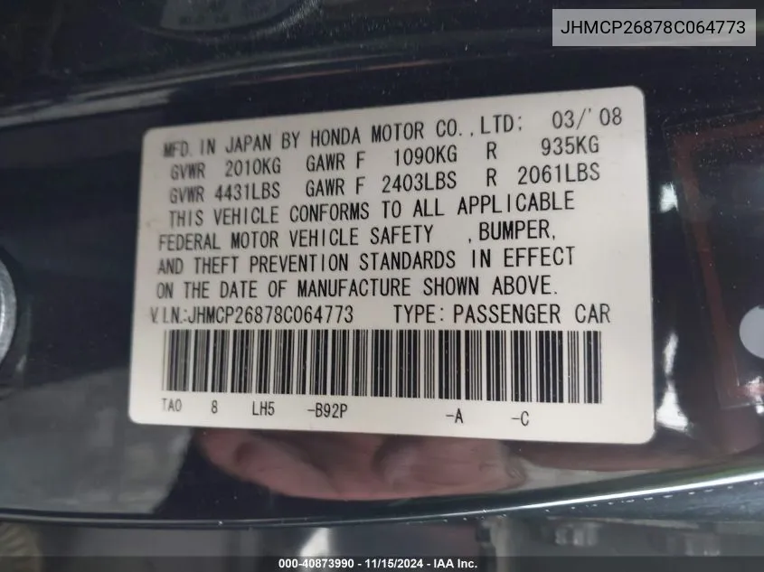 2008 Honda Accord 2.4 Ex-L VIN: JHMCP26878C064773 Lot: 40873990