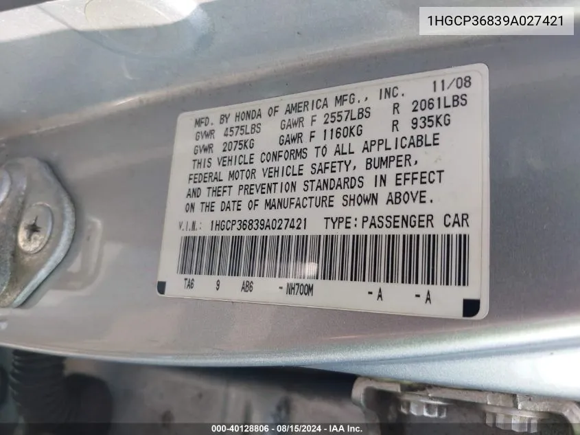 1HGCP36839A027421 2009 Honda Accord 3.5 Ex-L