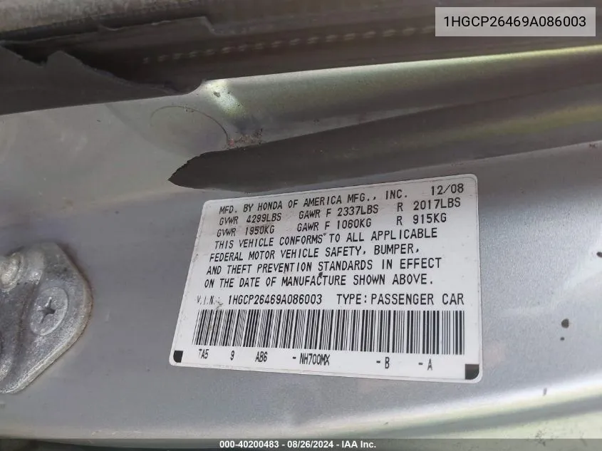 1HGCP26469A086003 2009 Honda Accord 2.4 Lx-P