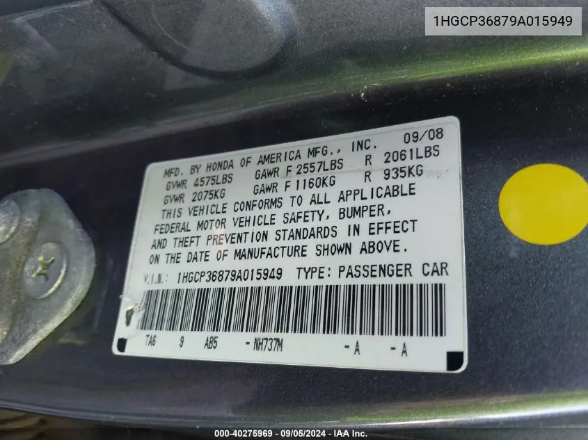 1HGCP36879A015949 2009 Honda Accord Exl